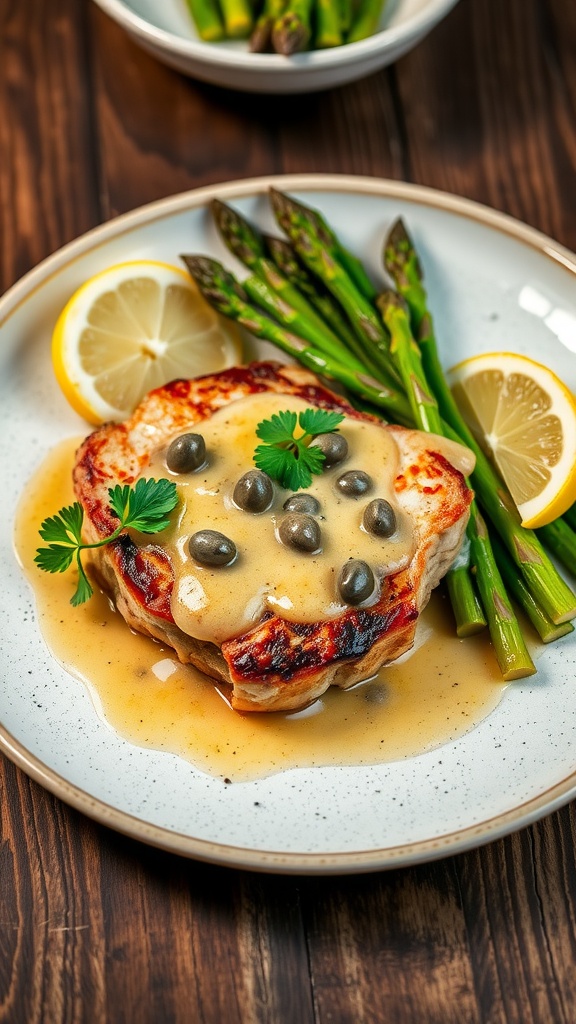 Plate of pork piccata with lemon-caper sauce and parsley, served with asparagus on a wooden table.